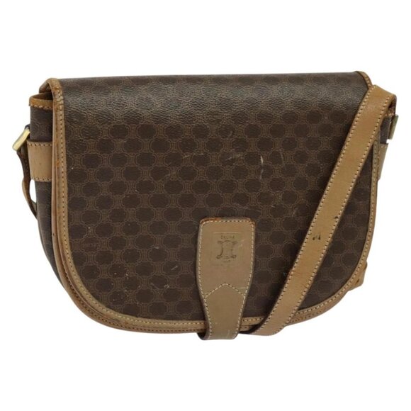 CELINE Macadam Canvas Shoulder Bag PVC Leather Brown Gold Auth sw561 - Picture 1 of 16